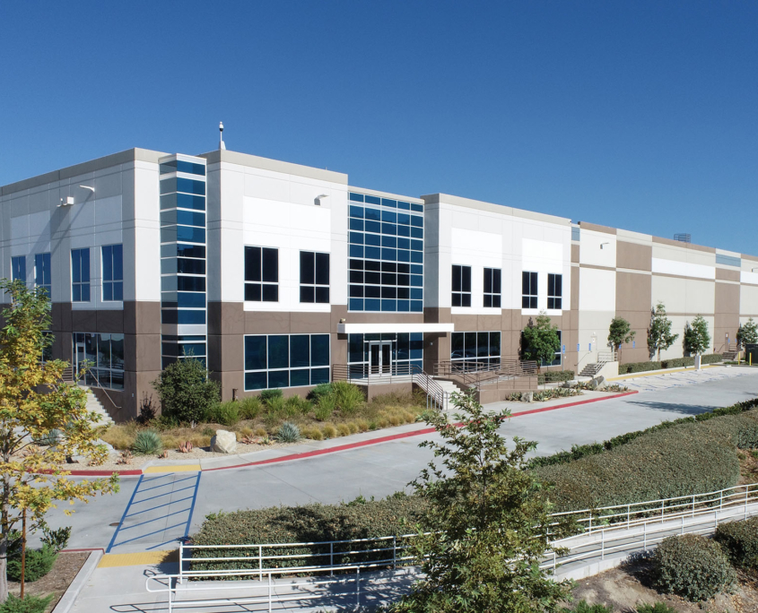 Wide angle view of commercial building during daytime