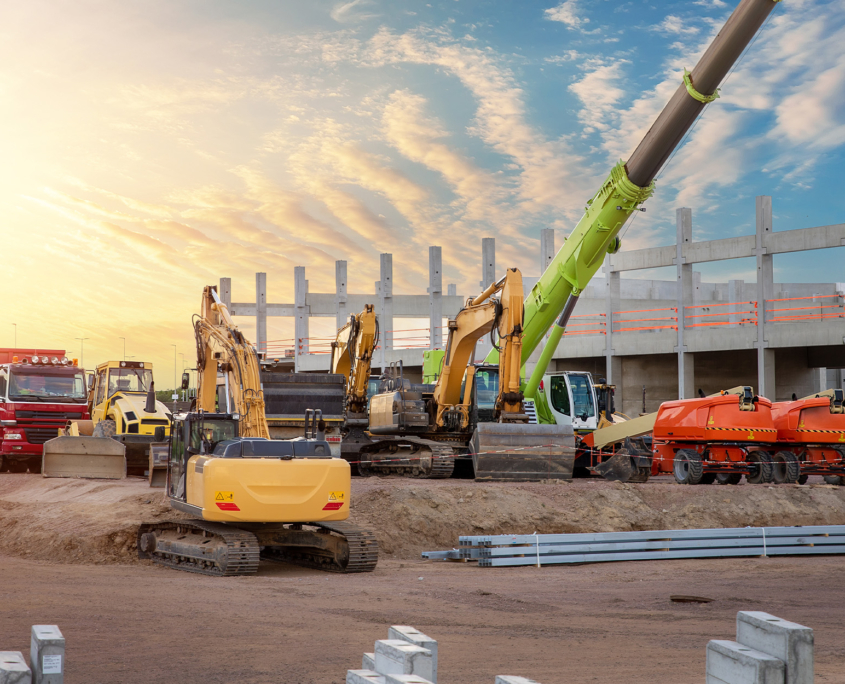 Wide angle view of many large machines at construction site